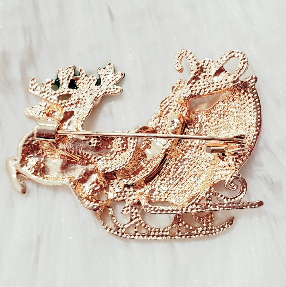 Reindeer Sleigh Rhinestone Christmas Brooch pin - Picture 4 of 7